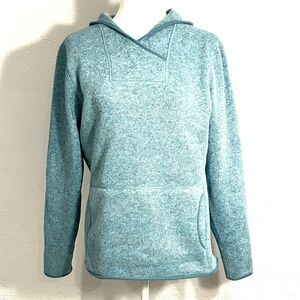 Eddie Bauer Hooded Sweater/Furry Fleece, Size L, Front Pocket, Gray/Blue, Piping